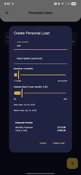Personal Accountant loan screen